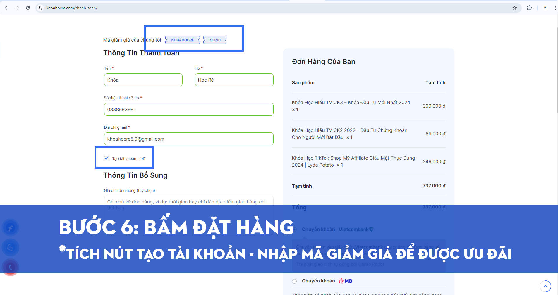 Bấm Đặt Hàng - Hướng Dẫn Mua Khóa Học