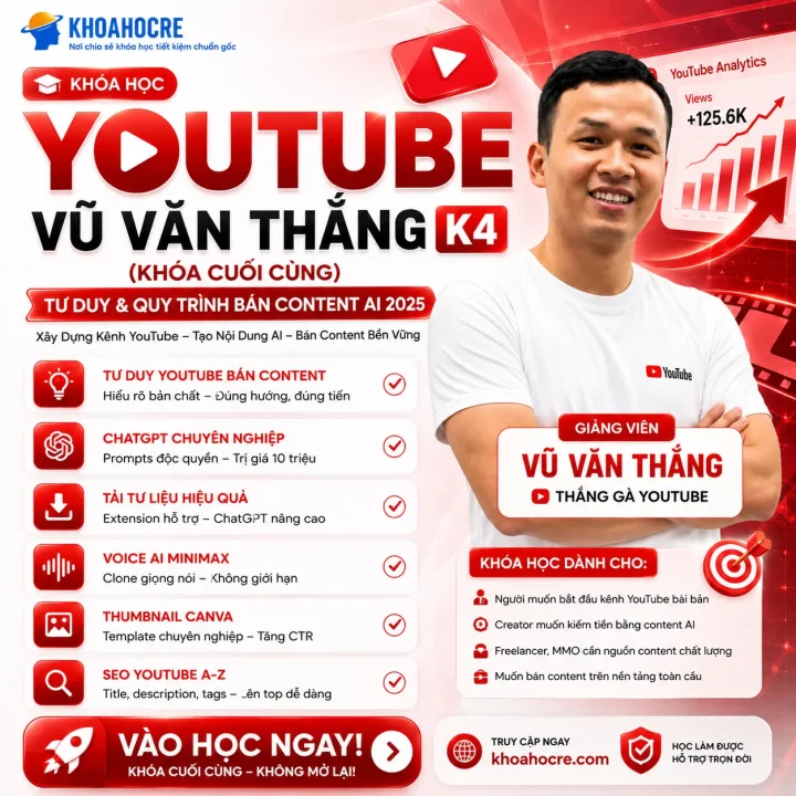 Khóa Học Youtube Vũ Văn Thắng K4 (Khóa Cuối Cùng) - Tư Duy & Quy Trình Bán Content AI 2025