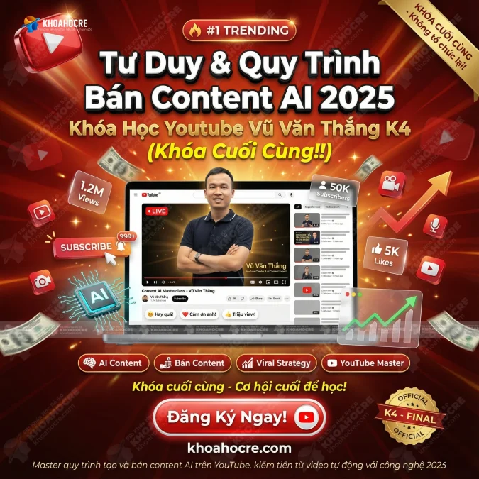 Khóa Học Youtube Vũ Văn Thắng K4 (Khóa Cuối Cùng) - Tư Duy & Quy Trình Bán Content AI 2025