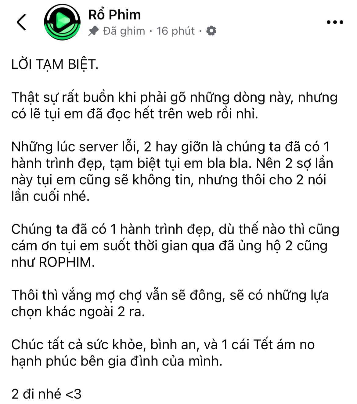 Lời tạm biệt của Rổ Phim trên Facebook ngày 5/2/2026