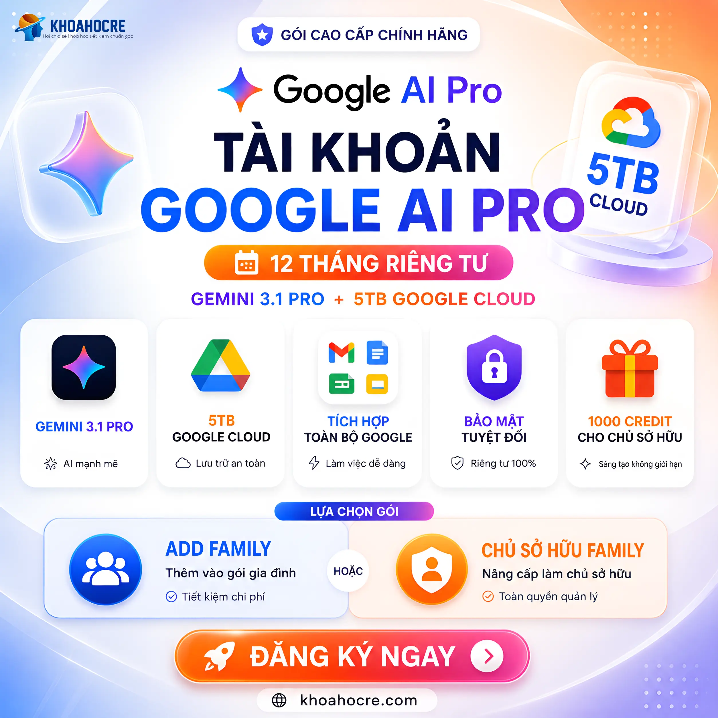 Tài Khoản Google AI Pro 12 Tháng Riêng Tư – Gemini 3 Pro + 5TB Google Cloud (Add Fam Hoặc Nâng Chính Chủ)