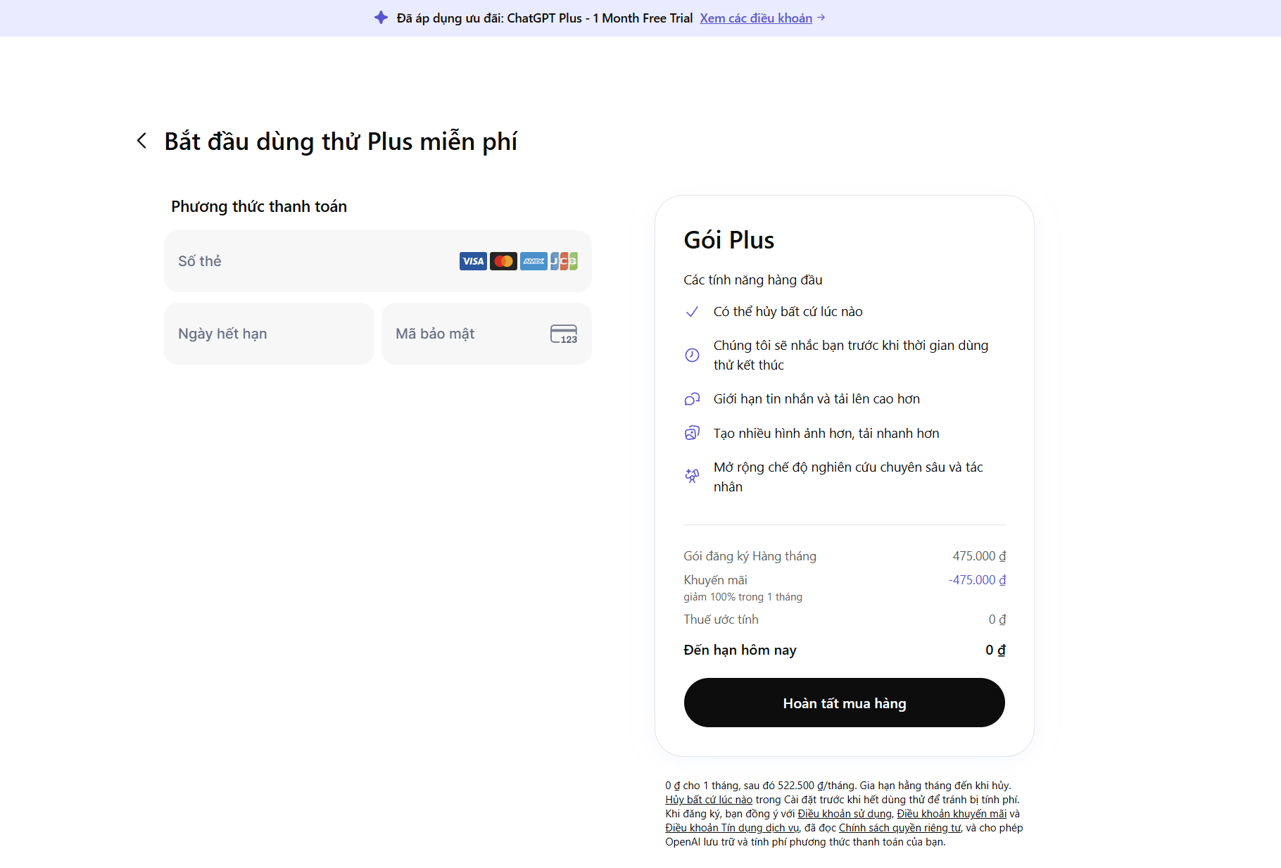 Hướng dẫn nhận ChatGPT Plus – màn hình điền thông tin thẻ Visa hoặc thẻ tín dụng để kích hoạt ưu đãi 0Đ