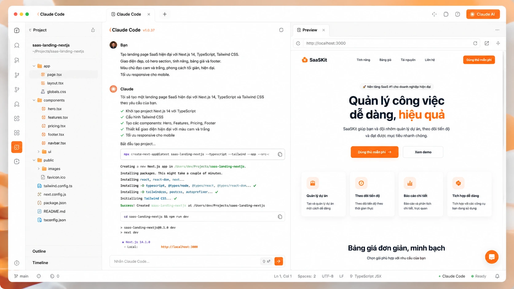 Giao diện Claude Code chạy trong terminal khi tạo website bằng AI – viết prompt tiếng Việt, AI sinh code tự động