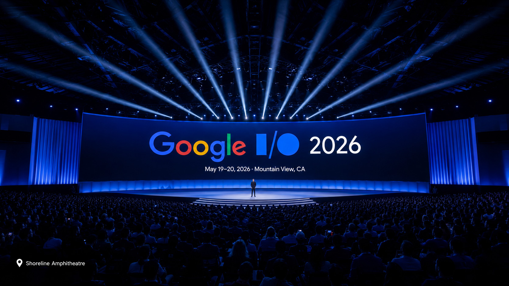 Google I/O 2026 keynote tại Shoreline Amphitheatre – CEO Sundar Pichai trên sân khấu trước 7000 khán giả ngày 19/5/2026