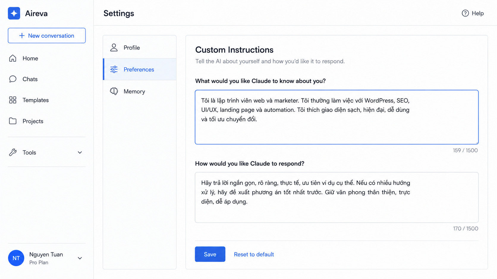 Hiệu quả Custom Instructions trước và sau khi cài đặt – tiết kiệm token Claude AI với template tối ưu