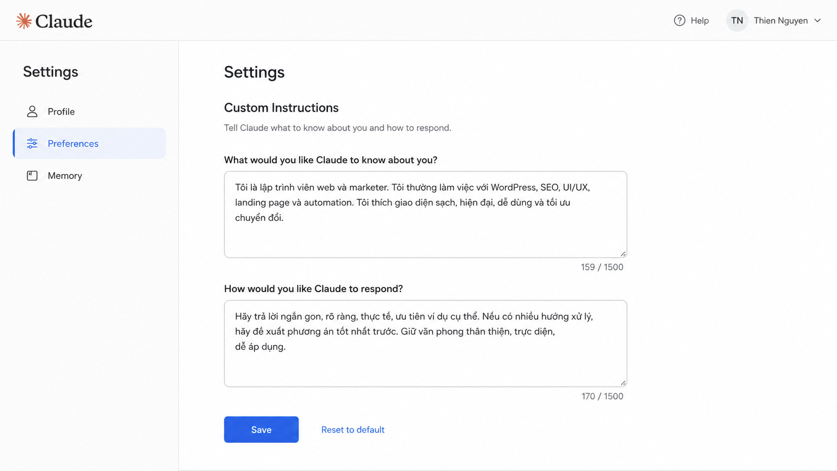 Giao diện Settings Custom Instructions trên Claude.ai — cài đặt để tiết kiệm token Claude AI mỗi ngày