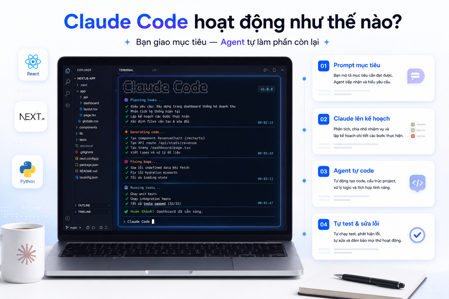 Workflow Claude Code Agent – người dùng giao mục tiêu, Claude lập kế hoạch, tự viết code, tự test và sửa lỗi