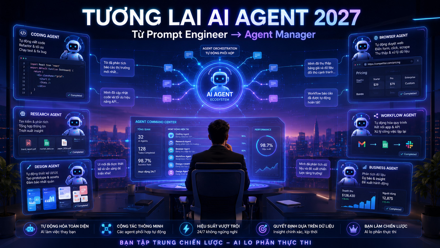 Tương lai AI Agent 2027 – nhiều agent phối hợp, con người chuyển từ Prompt Engineer sang Agent Manager quản lý đội quân AI