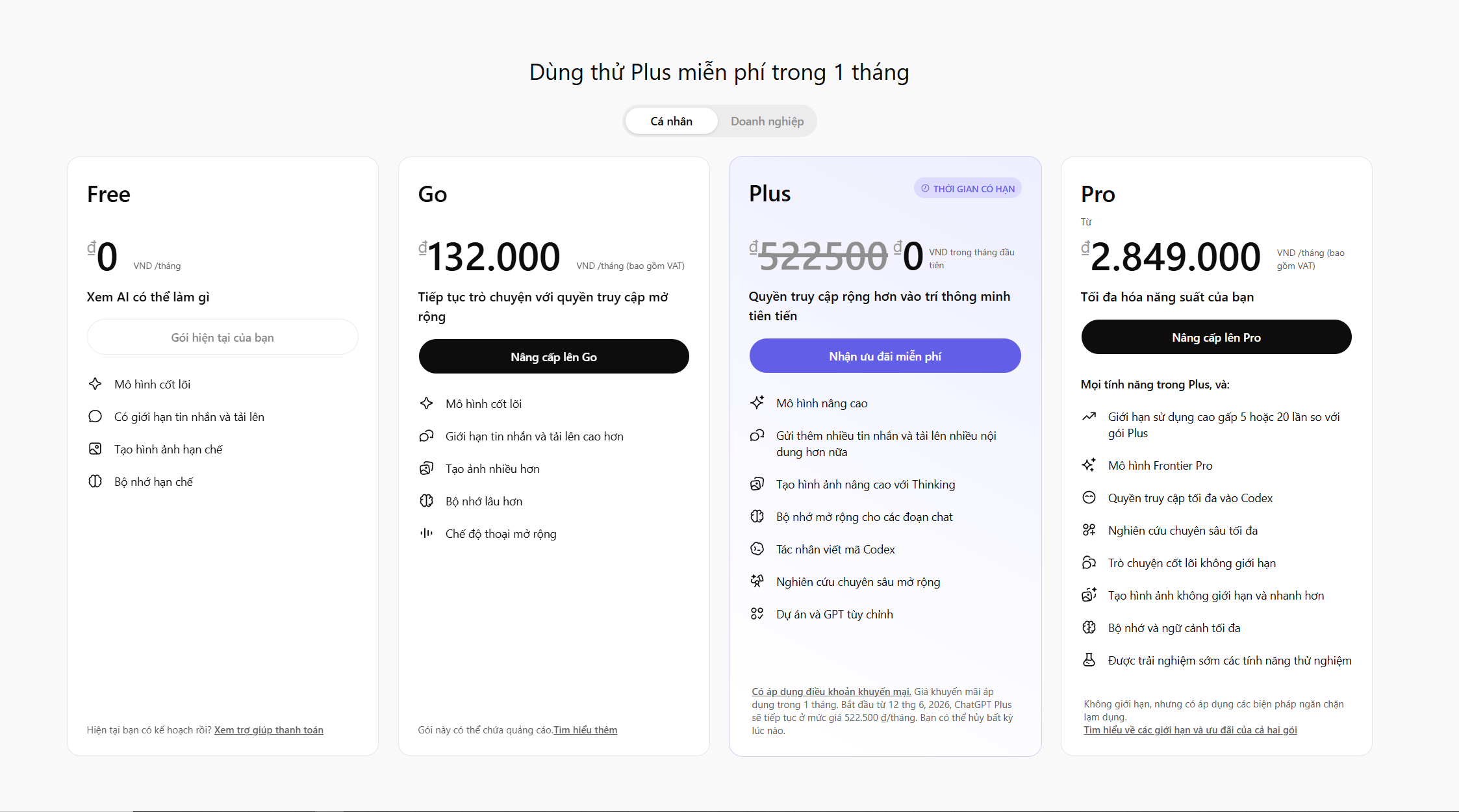 Hướng dẫn nhận ChatGPT Plus 1 tháng free – trang Pricing hiển thị gói Plus 0Đ tháng đầu khi dùng link ưu đãi chính thức