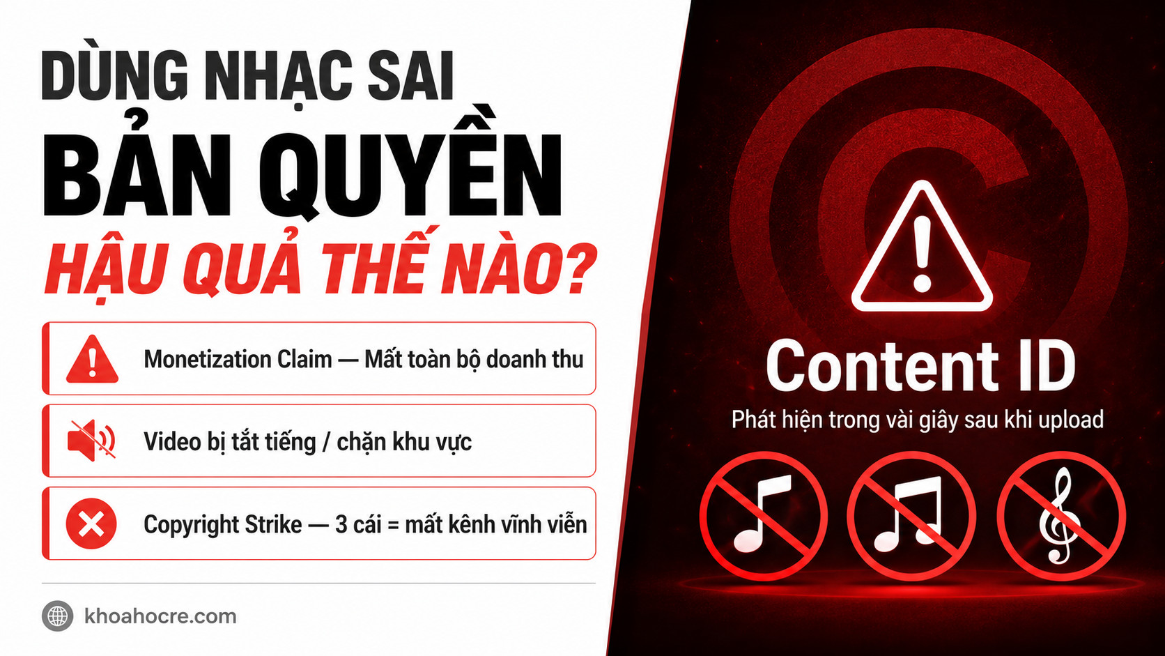 Nhạc bản quyền miễn phí YouTube – cảnh báo Content ID claim, mất tiền quảng cáo và strike kênh khi dùng nhạc sai bản quyền