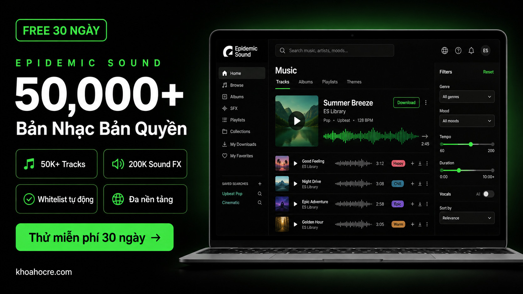 Hướng dẫn đăng ký Epidemic Sound miễn phí 30 ngày – browse nhạc, filter thể loại, download và ghép vào video YouTube