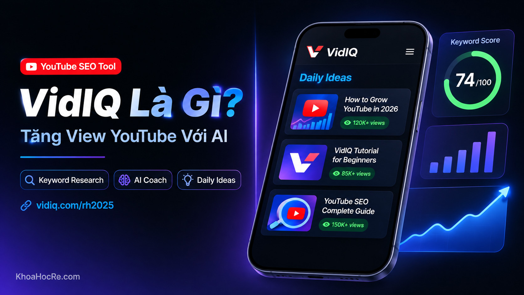 VidIQ là gì – hướng dẫn dùng VidIQ tăng view YouTube, tool SEO YouTube AI Coach keyword research 2026 KhoaHocRe