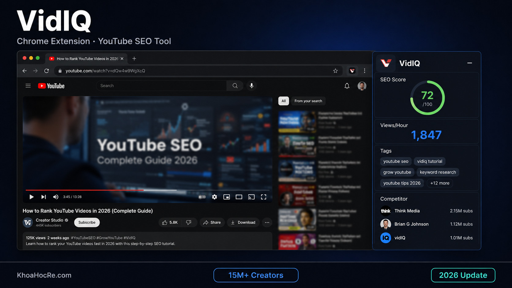 VidIQ là gì – giao diện Chrome extension VidIQ hiển thị SEO score, tags, views per hour trên YouTube video, tool SEO YouTube 2026
