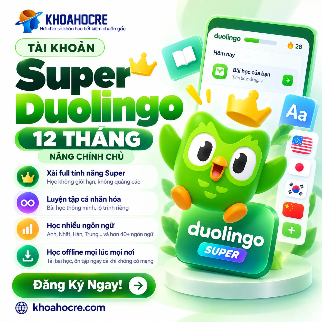 Tài Khoản Super Duolingo 12 Tháng | Nâng Mail Chính Chủ